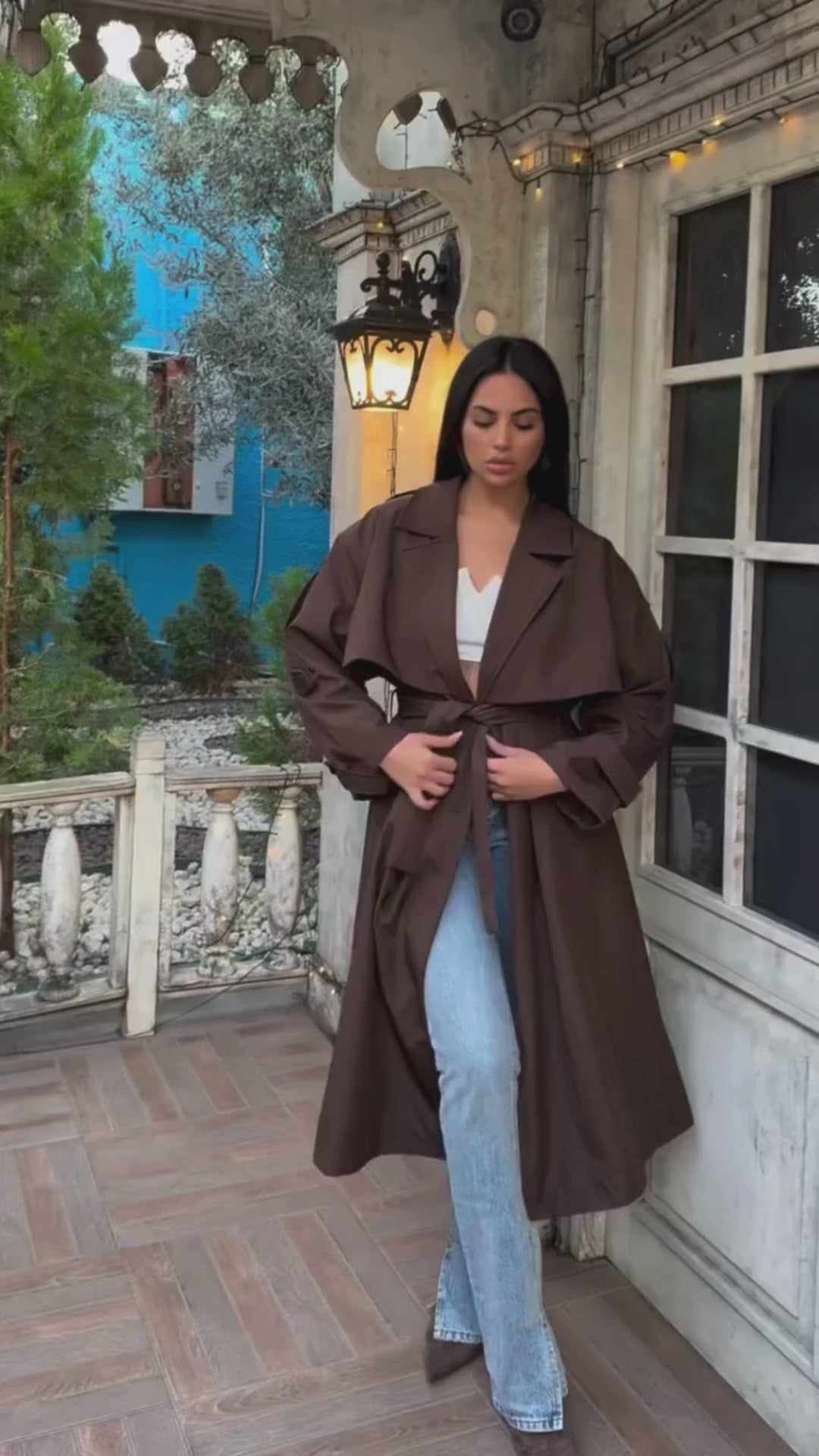 Kahverengi Uzun Kadın Trençkot - Apoletli Model | Karipkız Moda